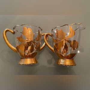 Gold Floral Iris Depression Glass Cream and Sugar Pair